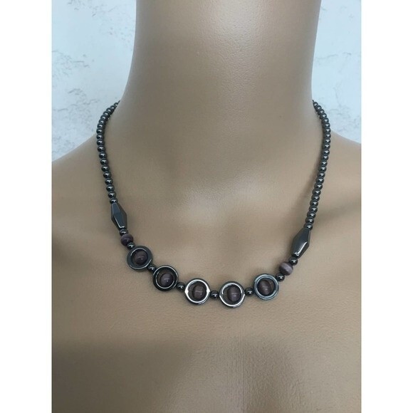 Hematite Necklace With Purple Beads - Picture 1 of 3